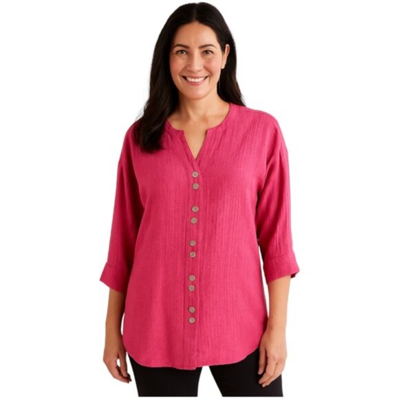 Soft Surroundings XS Hot Pink Linen Cotton Blend Textured Button Down Shirt - Picture 1 of 7